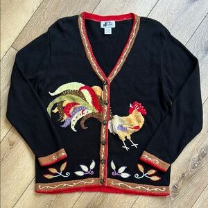 Vintage Cardigan Sweater Womens L Chicken Rooster Beaded J Two New York 90s